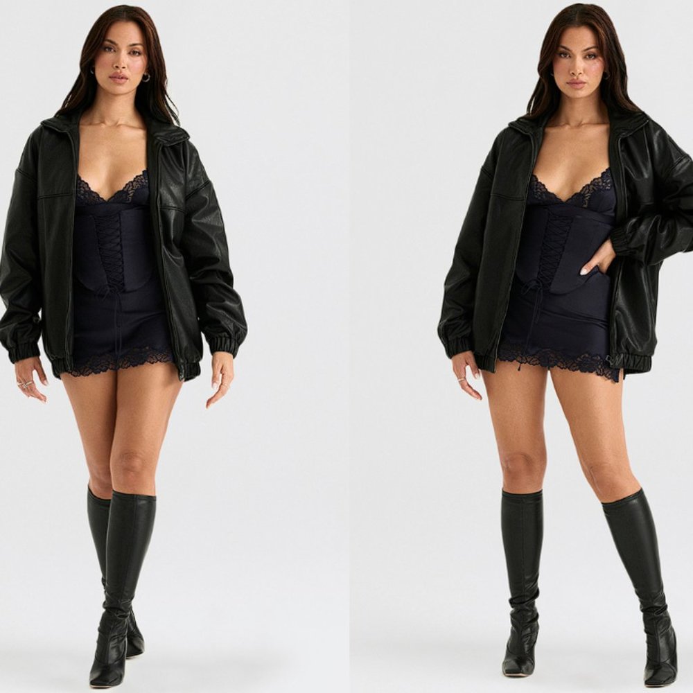 HOUSE OF CB 'Larissa' Black Vegan Leather Oversized Bomber Jacket NWOT